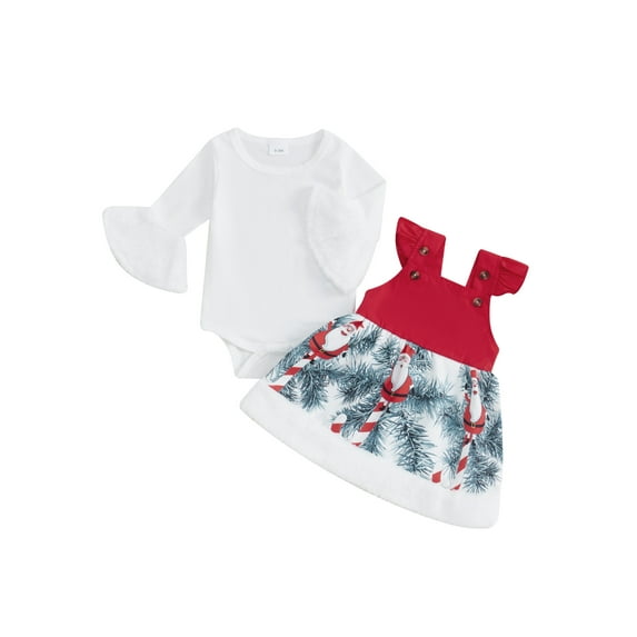Suealasg Baby Girl Christmas Outfit 2Pcs Newborn Girl Fall Winter Clothing 3 6 9 12 18 Months Infant Girl Long Bell Sleeve Romper + Suspender Skirt Set