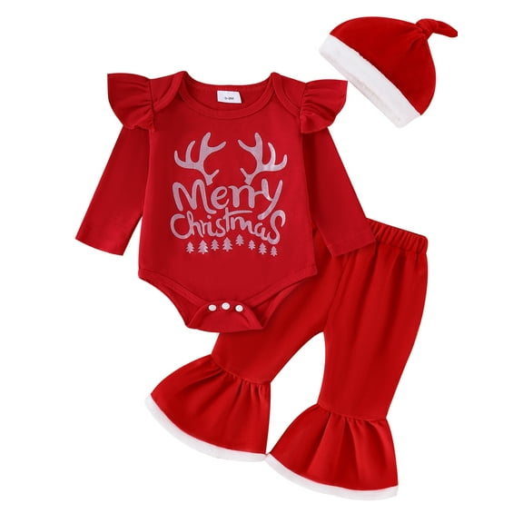 Suealasg Baby Girl Christmas Outfit Newborn Girl Spring Fall 3Pcs Clothes 3 6 9 12 18 Months Infant Girl Long Sleeve Christmas Tree Deer Print Romper Flare Pants Hat Set