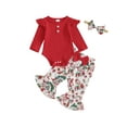 thumbnail image 1 of Suealasg Baby Girl Christmas Outfits 3 6 12 18 Months Long Sleeve Ribbed Romper Santa Claus/Bird Print Flared Pants Headband Sets 3Pcs Casual Fall Winter Clothes for Infant Girls, 1 of 1