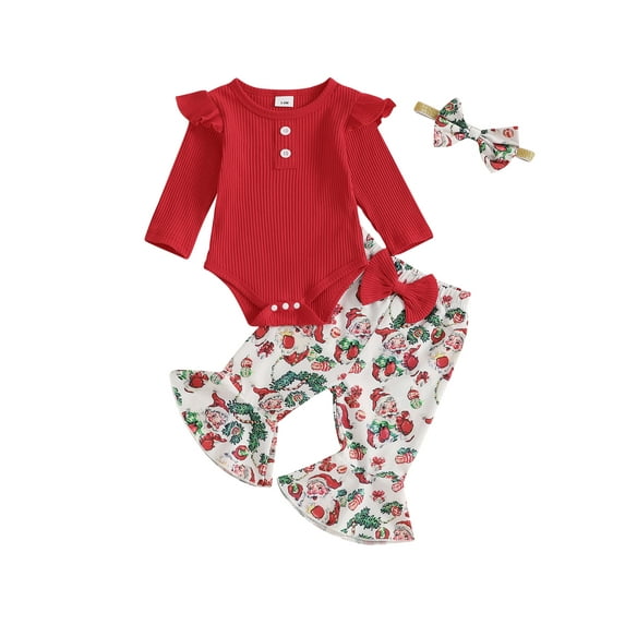 Suealasg Baby Girl Christmas Outfits 3 6 12 18 Months Long Sleeve Ribbed Romper Santa Claus/Bird Print Flared Pants Headband Sets 3Pcs Casual Fall Winter Clothes for Infant Girls