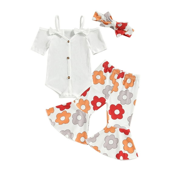 Suealasg Baby Girl Clothes 3 6 12 18 24 Months Off Shoulder Short Sleeve Romper + Flare Pants + Headband Set 3Pcs Newborn Girls Summer Outfits