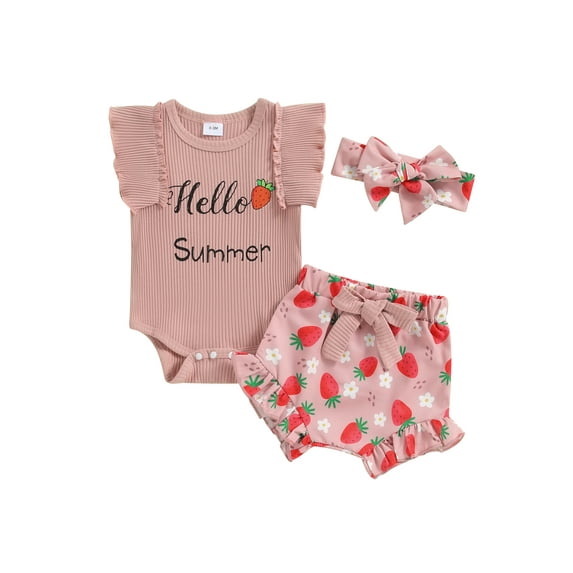 Suealasg Baby Girl Clothes 3 6 12 18 Months Fly Sleeve Letter Print Romper +Fruits Print Shorts +Headband 3Pcs Newborn Girls Summer Outfit
