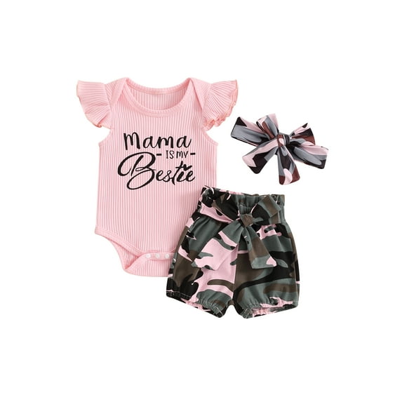 Suealasg Baby Girl Clothes 3 6 9 12 18 Months Infant Flying Sleeve Romper Camouflage Shorts Headband Sets Newborn Girl Summer Casual 3Pcs Outfits