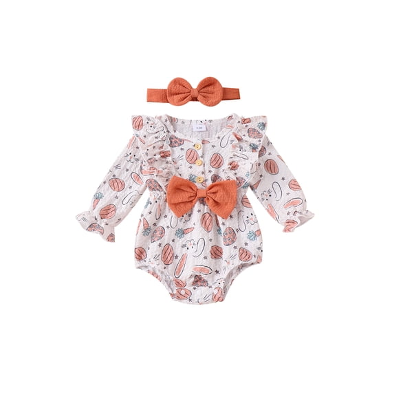 Suealasg Baby Girl Easter Outfit Long Sleeve Crew Neck Bunny Print Romper with Hairband 2Pcs Infant Newborn Spring Clothes Set
