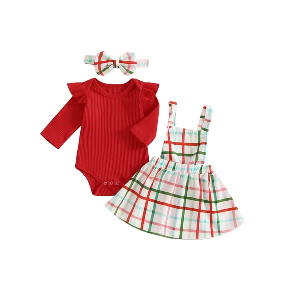 Suealasg Baby Girl Fall Outfits 3M 6M 12M 18M 24M Infant Girls Long Sleeve Ribbed Romper Plaid Print Suspender Skirt Headband 3Pcs Newborn Girl Autumn Clothes