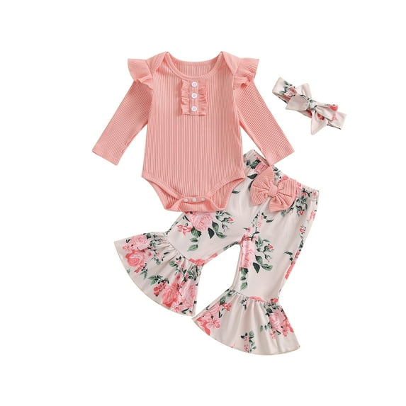 Suealasg Baby Girl Fall Outfits 3M 6M 12M 18M Infant Girls Long Sleeve Romper Floral Print Flare Pants Headband 3Pcs Newborn Girl Autumn Clothes