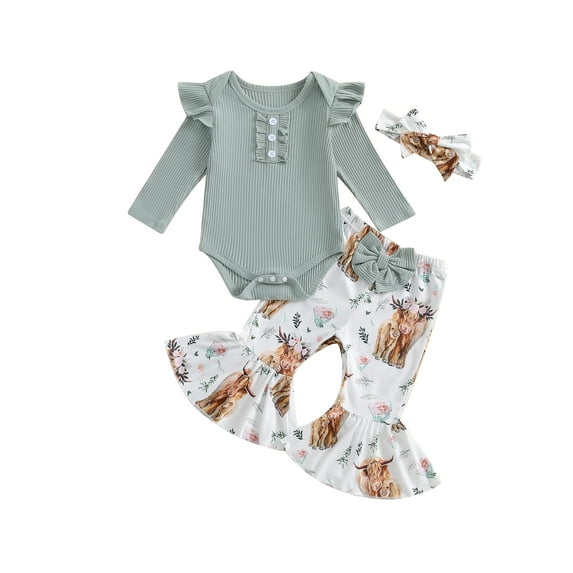 Suealasg Baby Girl Fall Outfits 3M 6M 12M 18M Infant Girls Long Sleeve Romper Floral Print Flare Pants Headband 3Pcs Newborn Girl Autumn Clothes
