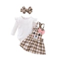 thumbnail image 1 of Suealasg Baby Girl Fall Outfits Clothes 3M 6M 9M 12M 18M Infant Girls Long Sleeve Romper+Bear Embroidery Plaid Suspender Skirt +Headband 3Pcs Spring Clothing for Newborn Girl, 1 of 9