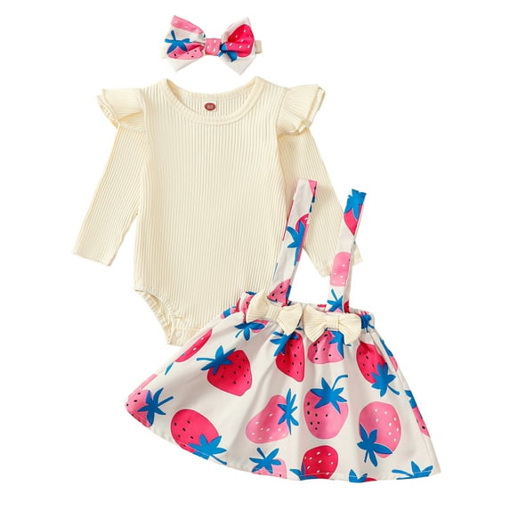 Suealasg Baby Girl Fall Outfits Long Sleeve Romper +Floral Strawberry Print Suspender Skirt +Headband 3 6 12 18 Months Infant Girls Cute 3Pcs Clothes