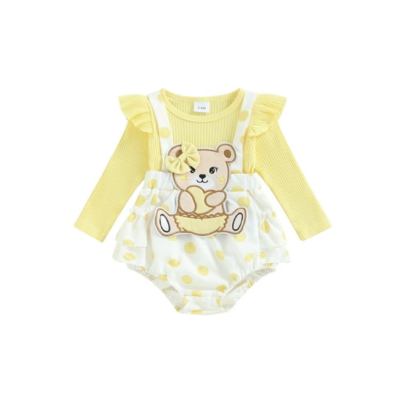 Suealasg Baby Girl Fall Romper 3 6 12 18 Months Infant Girl Long Sleeve Crew Neck Bear Dots Stripes One Piece Bodysuit Newborn Girl Autumn Clothes