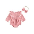 thumbnail image 1 of Suealasg Baby Girl Fall Romper 3 6 12 18 Months Infant Girl Long Sleeve Lace Ruffled Trim Ribbed One Piece Bodysuit +Headband Set Newborn Girl Autumn Clothes, 1 of 7