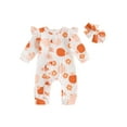 thumbnail image 1 of Suealasg Baby Girl Halloween Clothes Long Sleeve Crew Neck Pumpkin Flower Print Romper 3 6 12 18 Months Infant Girl Newborn Girl Halloween One Piece Jumpsuit+Headband, 1 of 8