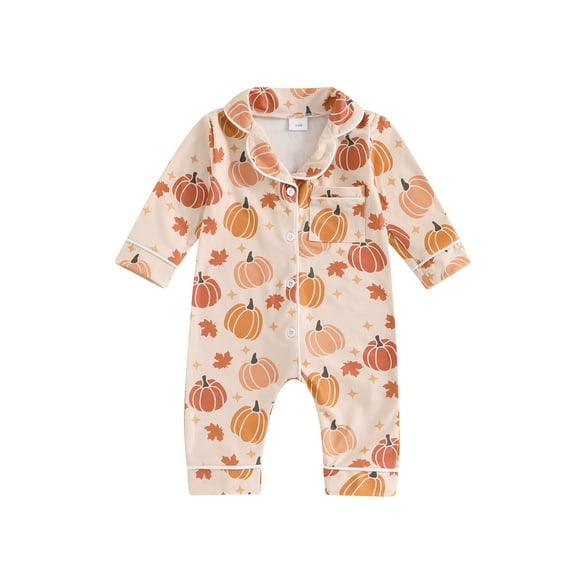 Suealasg Baby Girl Halloween Holiday Pajamas Long Sleeve Ghost Pumpkin Print Button Down Jumpsuit 3 6 12 18 24 Months Infant Girls Fall One Piece Pajamas