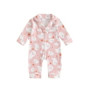 Suealasg Baby Girl Halloween Holiday Pajamas Long Sleeve Ghost Pumpkin Print Button Down Jumpsuit 3 6 12 18 24 Months Infant Girls Fall One Piece Pajamas