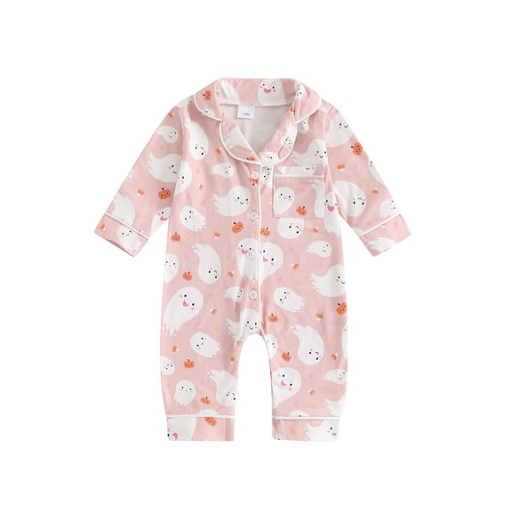 Suealasg Baby Girl Halloween Holiday Pajamas Long Sleeve Ghost Pumpkin Print Button Down Jumpsuit 3 6 12 18 24 Months Infant Girls Fall One Piece Pajamas