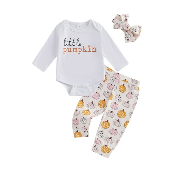 Suealasg Baby Girl Halloween Outfit 3Pcs Newborn Girl Fall Winter Clothing 3 6 12 18 Months Infant Girl Letter Print Long Sleeve Romper Pumpkin Print Long Pants Headband Set