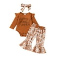 thumbnail image 1 of Suealasg Baby Girl Halloween Outfit 3Pcs Newborn Girl Fall Winter Clothing 3 6 12 18 24 Months Infant Girl Letter Print Long Sleeve Romper Pumpkin Print Flare Pants Headband Set, 1 of 7