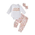 thumbnail image 1 of Suealasg Baby Girl Halloween Outfit 3Pcs Newborn Girl Fall Winter Clothing 3 6 12 18 Months Infant Girl Letter Print Long Sleeve Romper Pumpkin Print Long Pants Headband Set, 1 of 7
