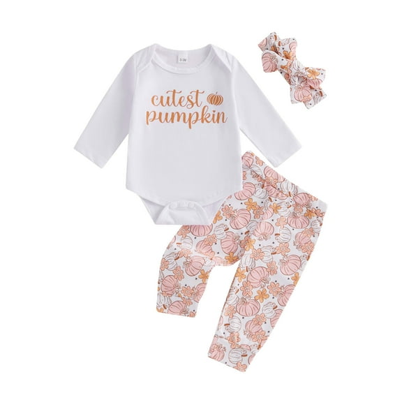 Suealasg Baby Girl Halloween Outfit 3Pcs Newborn Girl Fall Winter Clothing 3 6 12 18 Months Infant Girl Letter Print Long Sleeve Romper Pumpkin Print Long Pants Headband Set