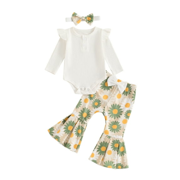 Suealasg Baby Girl Halloween Outfit Newborn Girl Spring Fall 3Pcs Clothes 3 6 9 12 18 Months Infant Girl Long Sleeve Ribbed Romper Sunflower Pattern Flare Pants Headband Set