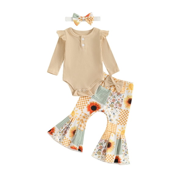 Suealasg Baby Girl Halloween Outfit Newborn Girl Spring Fall 3Pcs Clothes 3 6 9 12 18 Months Infant Girl Long Sleeve Ribbed Romper Sunflower Pattern Flare Pants Headband Set