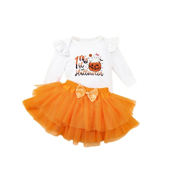 Suealasg Baby Girl Halloween Outfits 1M 3M 6M 9M 12M 18M Infant Girls Pumpkin Letter Print Long Sleeve Romper Tutu Tulle Skirt Headband 3Pcs Newborn Girl Halloween Clothes