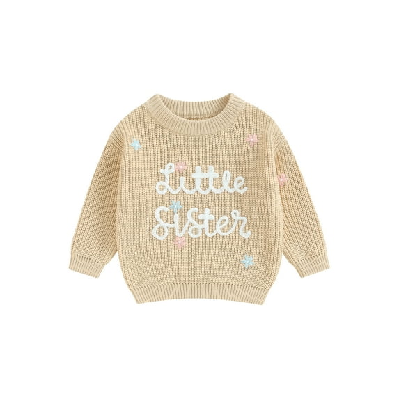 Suealasg Baby Girl Knit Sweater Long Sleeve Floral Letter Embroidery Chunky Pullover Sweater 3 6 9 12 18 Months Infant Sister Matching Fall Winter Sweater Warm Top