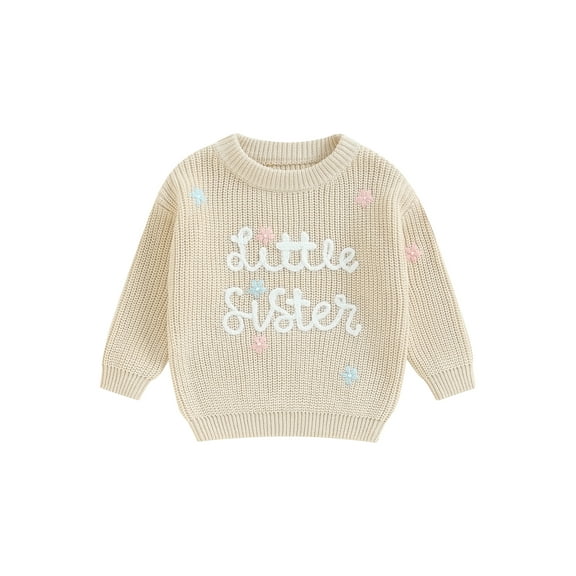Suealasg Baby Girl Knit Sweater Long Sleeve Floral Letter Embroidery Chunky Pullover Sweater 3 6 9 12 18 Months Infant Sister Matching Fall Winter Sweater Warm Top