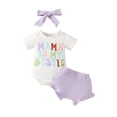 thumbnail image 1 of Suealasg Baby Girl Outfit 3 6 9 12 18 Months Short Sleeve Letter Print Romper+ Elastic Waist Shorts +Headband Newborn Girl Summer Casual Clothes Set 12-18 Months, 1 of 6