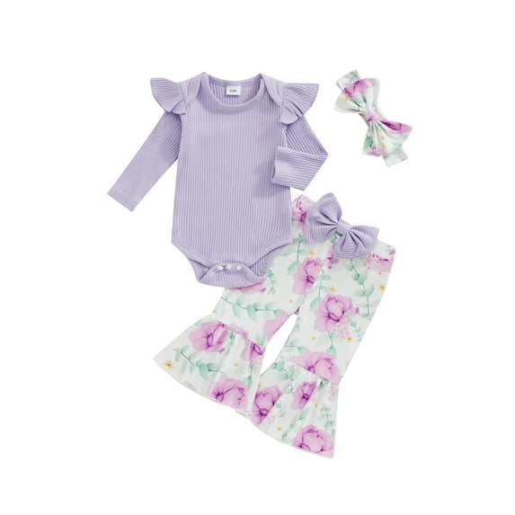 Suealasg Baby Girl Outfit Newborn Girl 3Pcs Spring Fall Clothes 3 6 9 12 18 Months Infant Long Sleeve Ribbed Romper Flower Print Flare Pants Headband Set