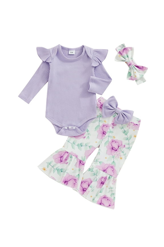 Baby Girl Outfit Newborn Girl 3Pcs Spring Fall Clothes 3 6 9 12 18 Months Infant Long Sleeve Ribbed Romper Flower Print Flare Pants Headband Set