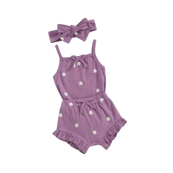 Suealasg Baby Girl Outfit Newborn Girl Clothes Sleeveless Bow Romper + Ruffle Shorts + Headband Set 3Pcs Newborn Summer Clothing