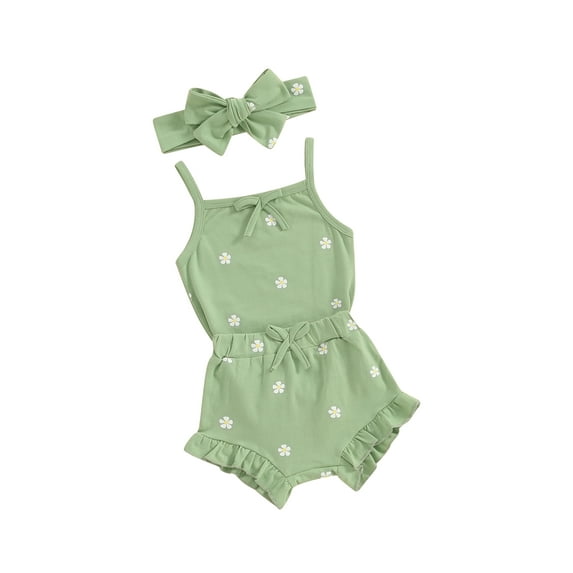 Suealasg Baby Girl Outfit Newborn Girl Clothes Sleeveless Bow Romper + Ruffle Shorts + Headband Set 3Pcs Newborn Summer Clothing