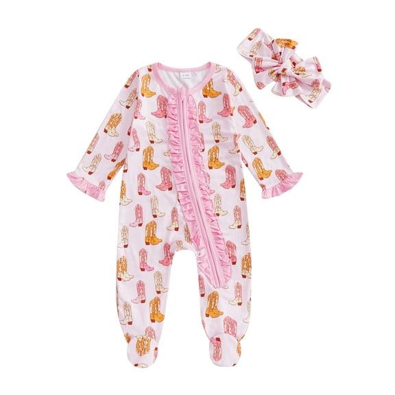 Suealasg Baby Girl Pajamas Rompers Infant Footie Jumpsuit Long Sleeve Boots Print One-Piece Pajamas Newborn Zip Up Full Length Jumpsuits Sleepwear