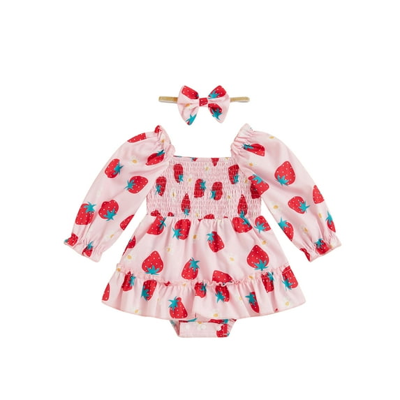Suealasg Baby Girl Romper Dress + Headband Long Sleeve Floral Strawberry Print Romper Dress 3 6 12 18 24 Months Newborn Girl Spring Autumn Coming Home Outfits