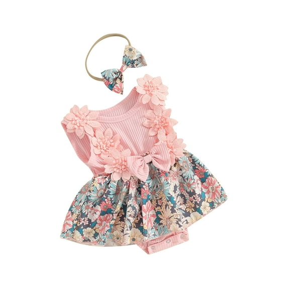 Suealasg Baby Girl Romper Dress Sleeveless Floral Print Skirt Hem Bodysuit Headband Set 2Pcs Summer Clothes Outfits for Newborn