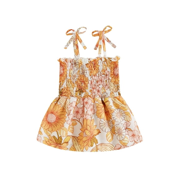 Suealasg Baby Girl Romper Dress Sleeveless Square Neck Floral Print Shirred Bodysuit Tie-Up Spaghetti Strap Sling Jumpsuit 3 6 12 18 Months Infant Summer Clothes