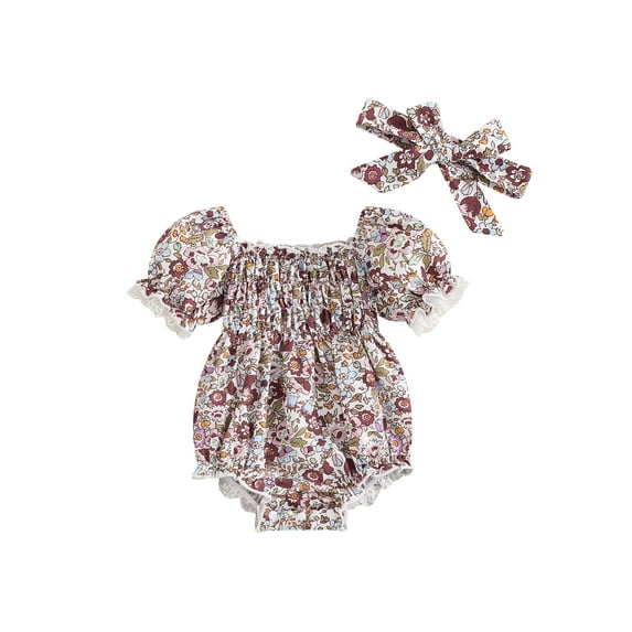 Suealasg Baby Girl Romper Outfits Short Puff Sleeve Off-shoulder Floral Print Romper Dress +Headband 0-18 Months Newborn Girls Summer Clothes