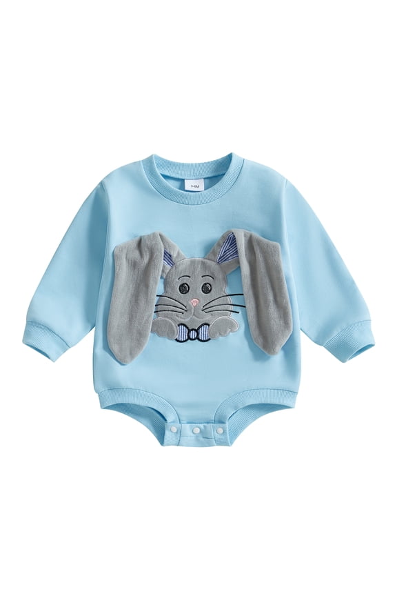 Baby Girl Spring Bubble Romper Long Sleeve Round Neck Bunny Print Bodysuit Newborn Easter Clothes