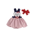 thumbnail image 1 of Suealasg Baby Girl Spring Clothes Bulldog Applique Stripe Sleeveless Romper Dress with Bow Headband, 1 of 9