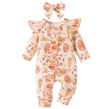 Suealasg Baby Girl Spring Jumpsuit Headband Long Sleeve Easter Egg Print One Piece Romper Bodysuit Infant Easter Clothes