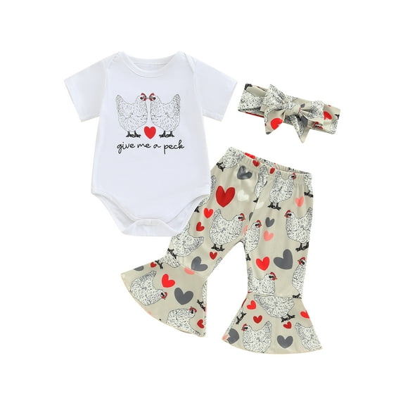 Suealasg Baby Girl Summer Clothes Short Sleeve Letter Print Romper Tops Chicken Print Flared Pants Headband Sets 3 6 12 18 Months Infant Girl 3Pcs Farm Outfits