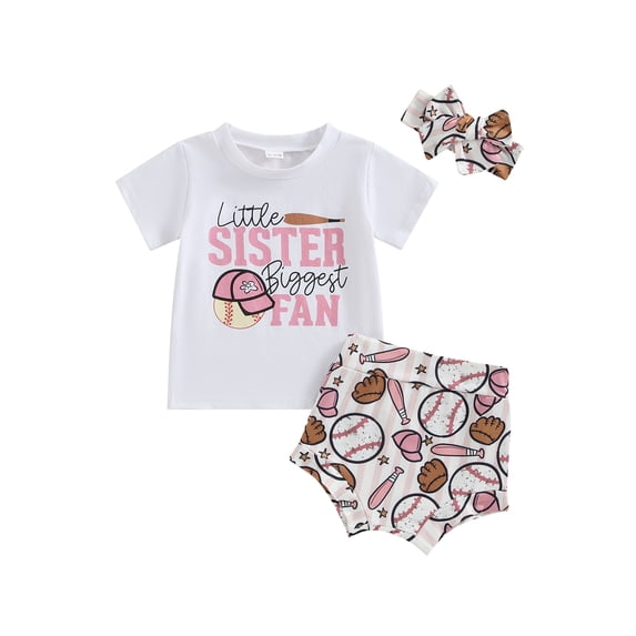 Suealasg Baby Girl Summer Clothes Short Sleeve Letter Print T-Shirt Tops Baseball Print Shorts Headband Sets 3 6 12 18 24 Months Infant Girl 3Pcs Casual Outfits