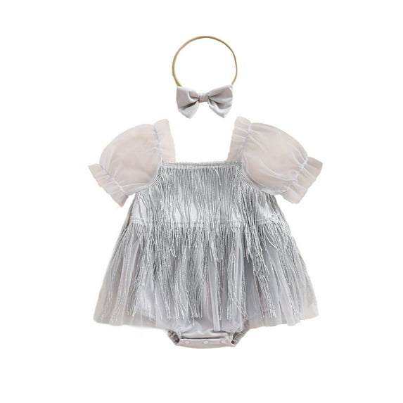 Suealasg Baby Girl Tassels Romper Dress Short Sleeve Jumpsuit Headband Set Infant Girls Summer Clothes