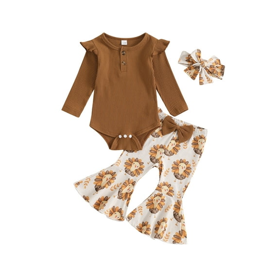 Suealasg Baby Girl Thanksgiving Outfit 3Pcs Newborn Girls Fall Clothing 3 6 12 18 Months Infant Girls Long Sleeve Romper   Bow Flared Pants  Headband Set
