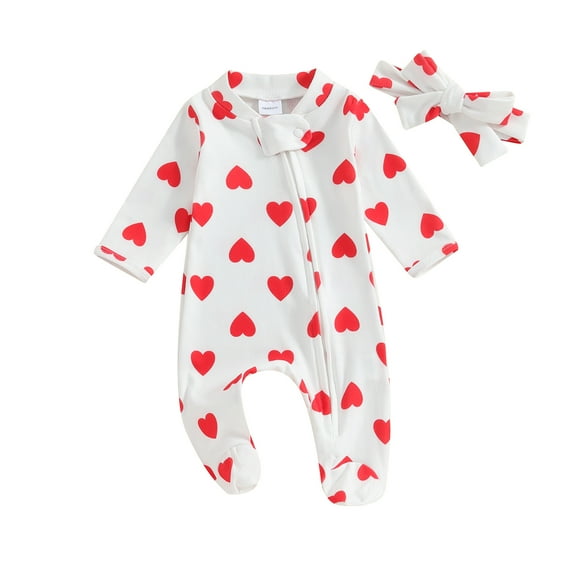 Suealasg Baby Girl Valentine's Day Outfits 3M 6M 12M 18M Newborn Heart Print Romper Long Sleeve Full Zipper Jumpsuit Headband 2PCS Infant Girl Spring Valentine One Piece Clothes