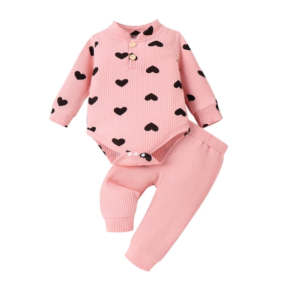 Suealasg Baby Girl Valentine's Day Outfits Clothes Toddler Girls Long Sleeve Mock Neck Heart Print Romper Ribbed Long Pants 2Pcs Spring Valentine Party Clothing for Infant Girl