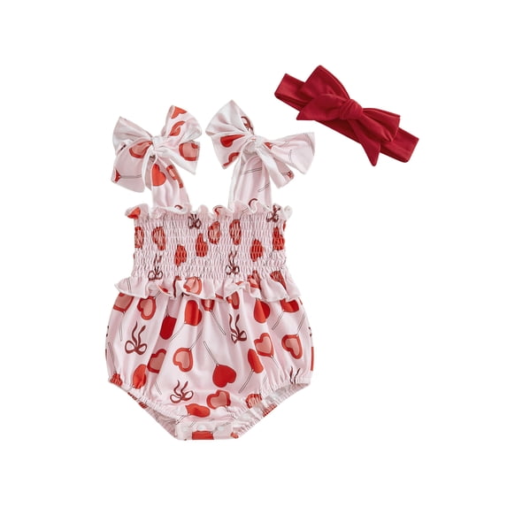 Suealasg Baby Girl Valentine's Day Romper Heart Bow Print Lacing Strap Smocked Jumpsuit Headband 3 6 12 18 Months Infant Spring Outfits