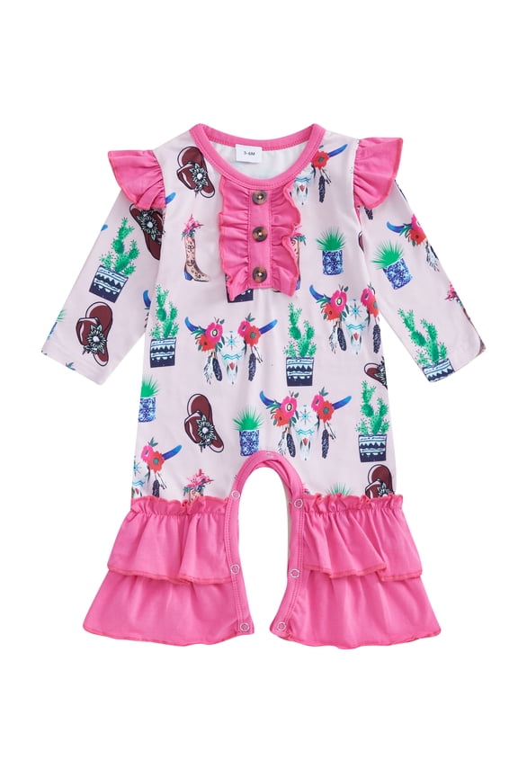 Baby Girl Western Jumpsuit 3 6 12 18 Months Newborn Long Sleeve Cow Print Romper Bodysuits Infant Girl Fall Coming Home Clothes