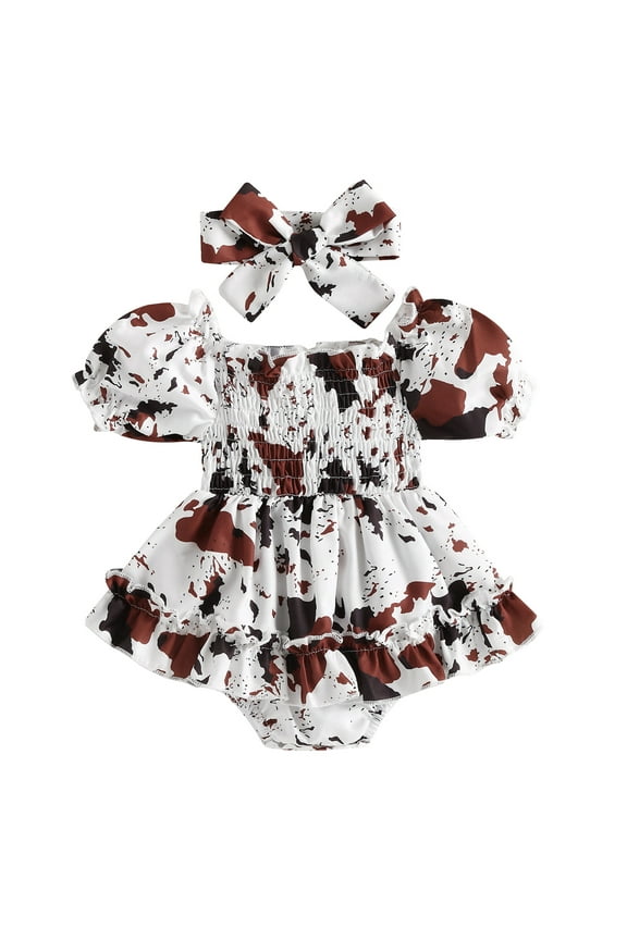 Baby Girl Western Outfit Short Sleeve Off-shoulder Spots Printed Dress with Headband Birthday Photoshoot Dress Summer Clothes for Toddler